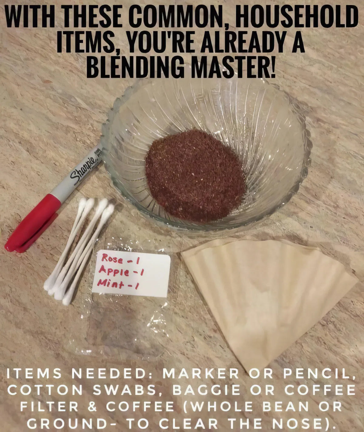 Bowl of coffee grounds, marker, cotton swabs, baggie and coffee filter