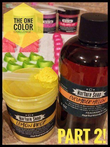 Yellow mica jar, amber fragrance bottle, pink and green soap embeds