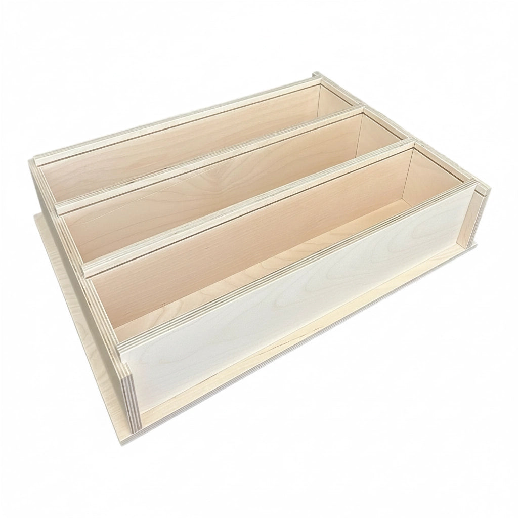Wooden soap mold with three long empty compartments, no liners