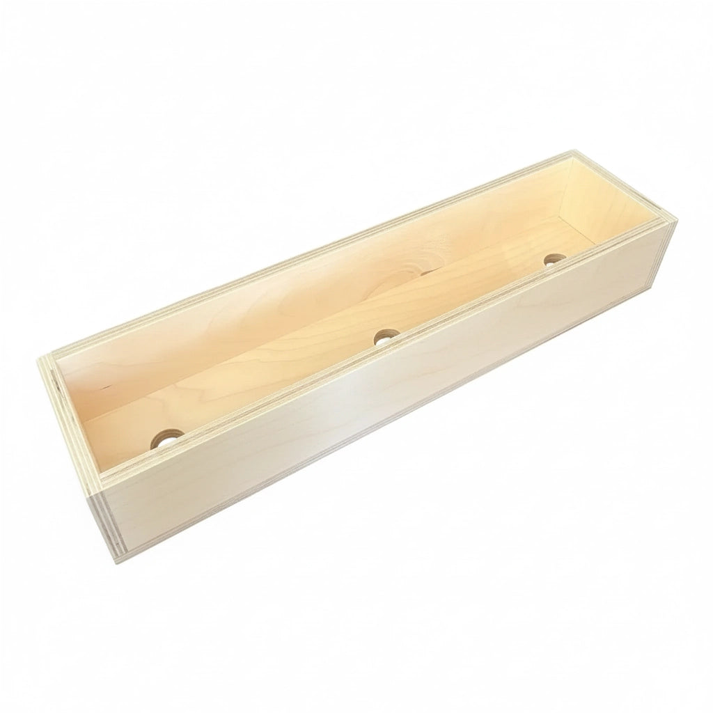 Empty long wooden soap mold box, no liner, three holes