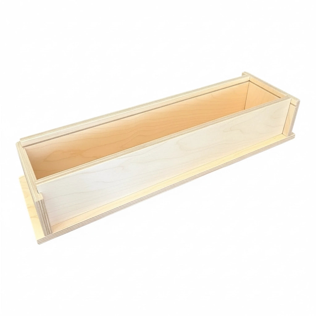 Long unfinished plywood soap mold box, empty with no liner