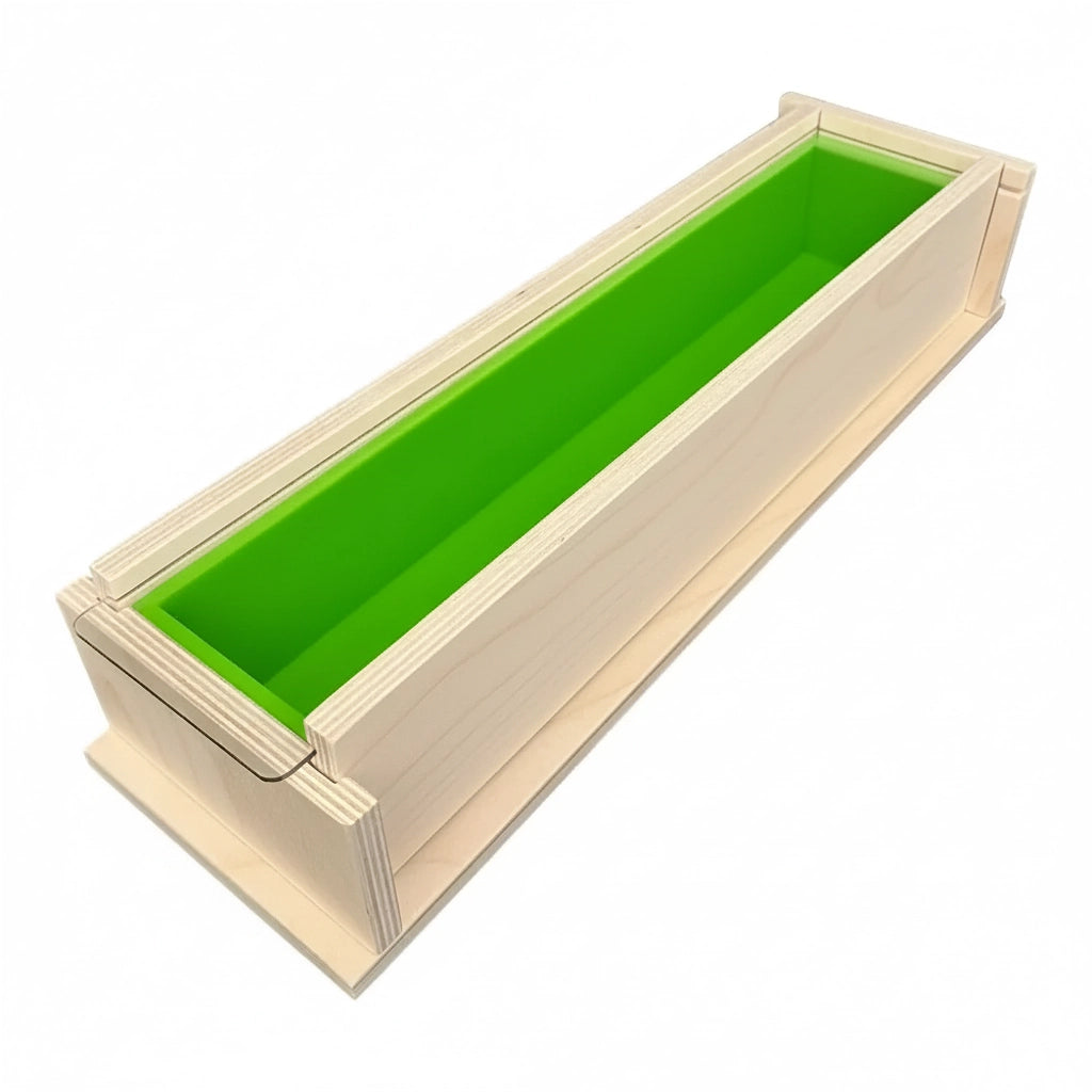 Long wooden soap mold with bright green silicone liner inside