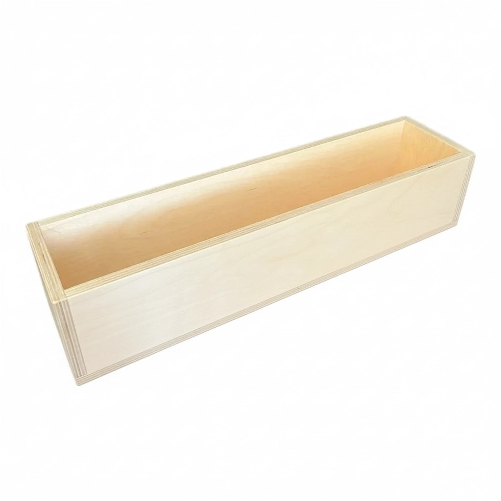 Empty long birch plywood soap mold box, no liner