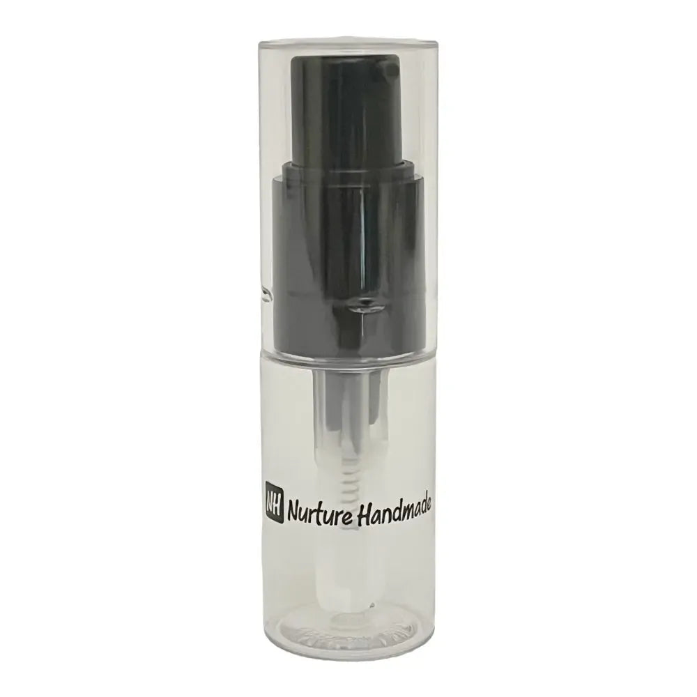 Clear pump bottle with black dispenser, Nurture Handmade label