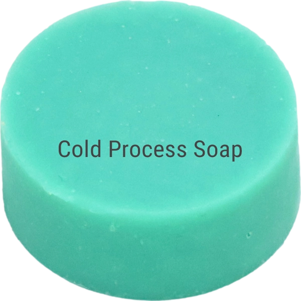 Round turquoise soap disc labelled Cold Process Soap