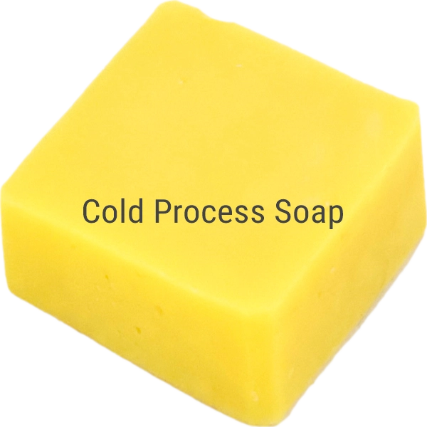 Bright yellow square soap bar labelled Cold Process Soap
