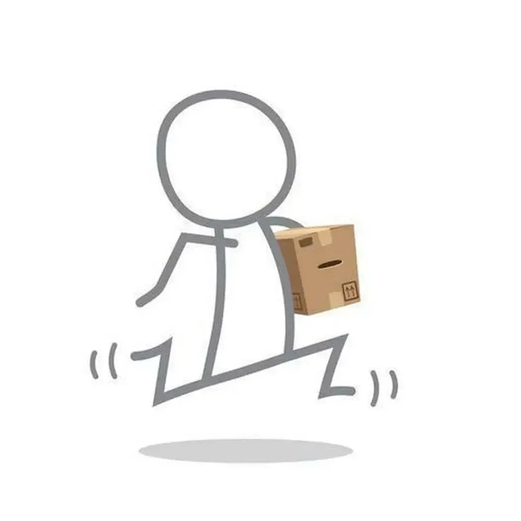 Line-drawn stick figure running while carrying a cardboard box