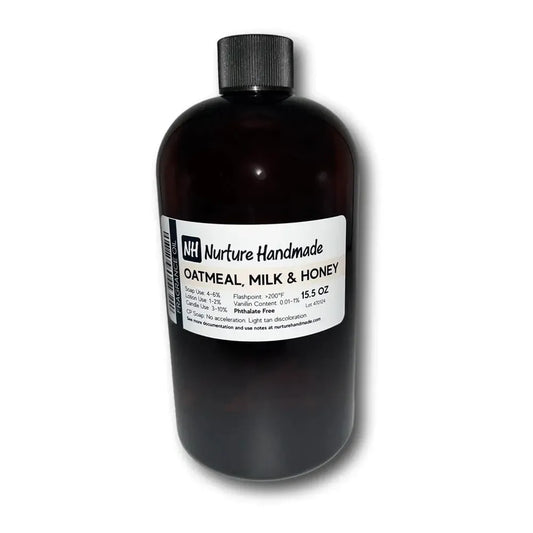Nurture Handmade Oatmeal, Milk & Honey Fragrance Oil in a dark bottle, perfect for creating cozy, soothing scents.