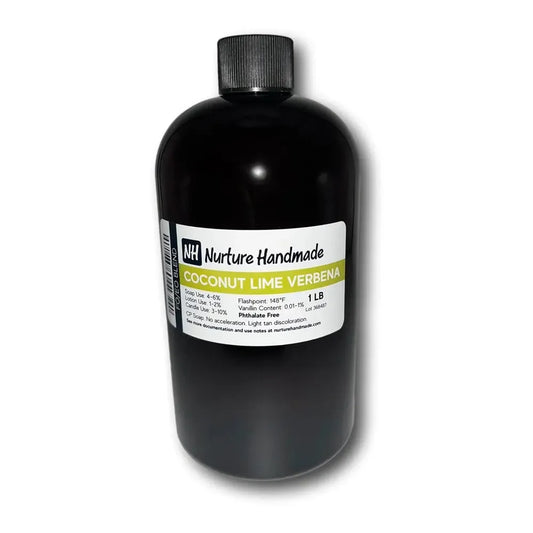 Nurture Handmade Coconut Lime Verbena FO/EO Blend, a tropical fragrance in a sleek 1 lb bottle.