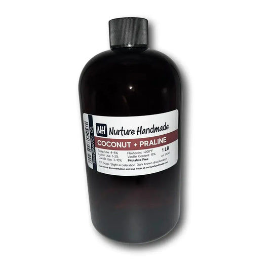 Coconut + Praline Fragrance Oil bottle showcasing its tropical scent and inviting aroma for all DIY projects.