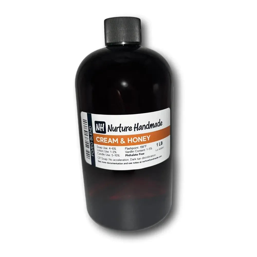 Cream & Honey fragrance oil blend in a bottle, featuring sweet vanilla and earthy lavender notes.