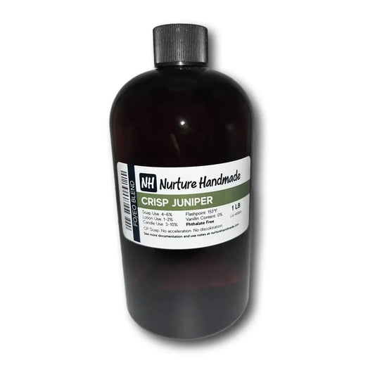 Crisp Juniper Fragrance Oil by Nurture Handmade in a large bottle, showcasing its refreshing, zesty aroma.