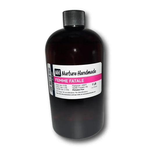 Femme Fatale fragrance blend in a dark bottle with label, showcasing its alluring jasmine and ylang-ylang notes.