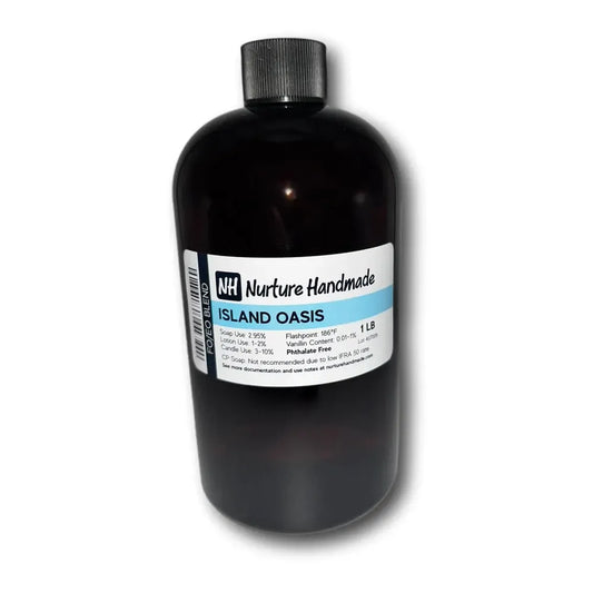 Island Oasis fragrance oil bottle - a refreshing blend of ocean, flowers, and exotic fruits for vibrant aromatherapy.