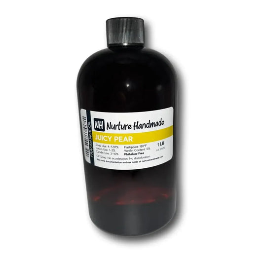 Juicy Pear Fragrance Oil bottle by Nurture Handmade, showcasing a rich, vibrant scent perfect for DIY projects.