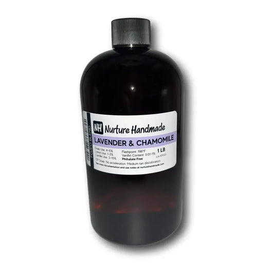 Lavender & Chamomile fragrance oil blend in a sleek bottle, calming scents for aromatherapy and crafting.