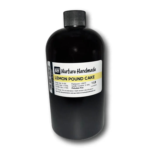 Bottle of Lemon Pound Cake fragrance oil with a label showing its scent profile and usage instructions.