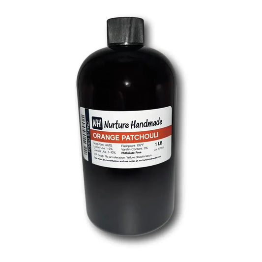 Bottle of Orange Patchouli fragrance oil, featuring sweet citrus and earthy notes, perfect for crafting and aromatherapy.