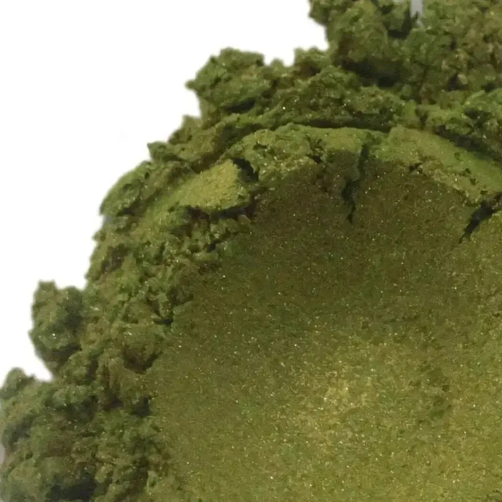 Shimmering olive green Cabin Fever Green Mica eyeshadow with glittery texture