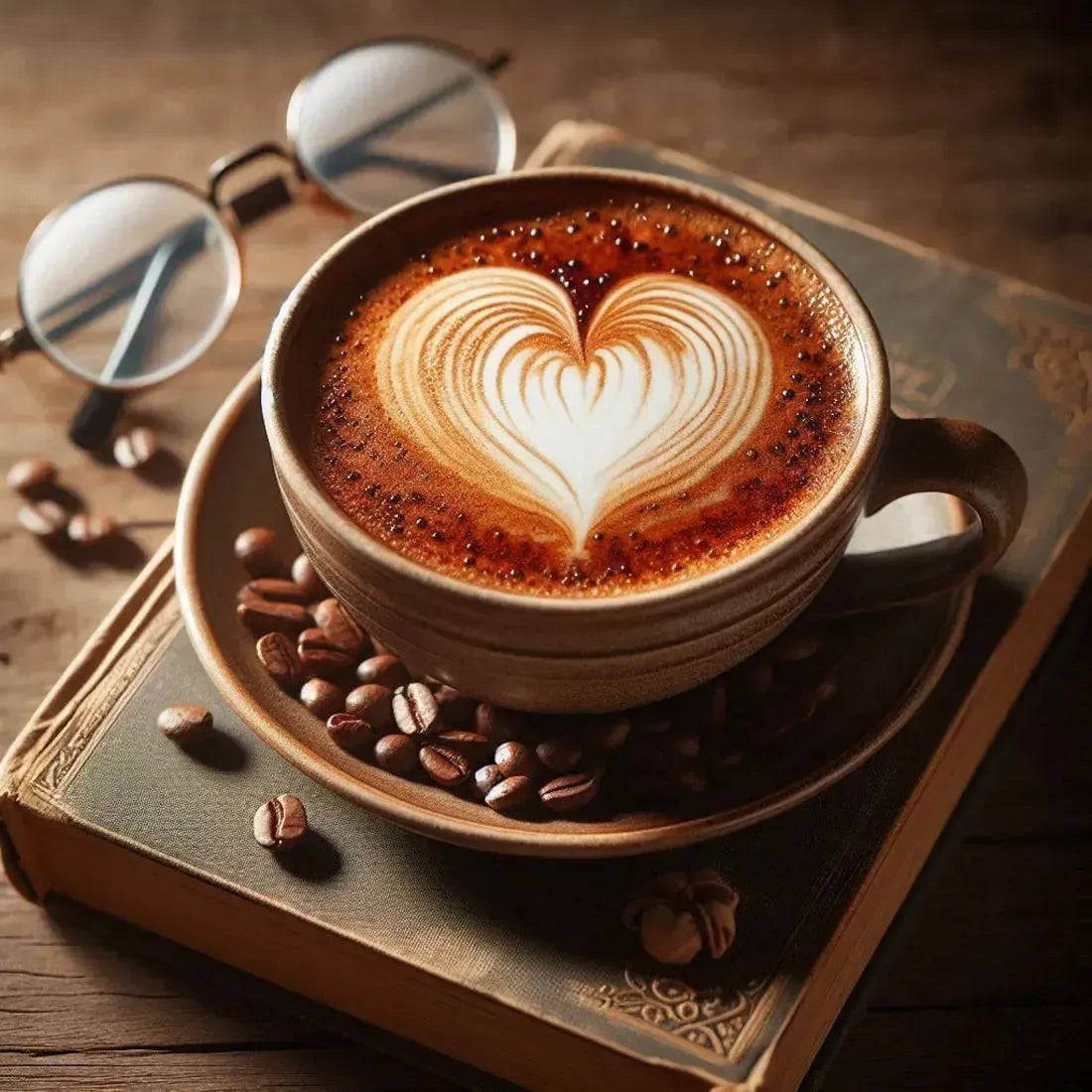 Heart-shaped latte art in a brown cup on an old book, surrounded by coffee beans and stylish glasses.
