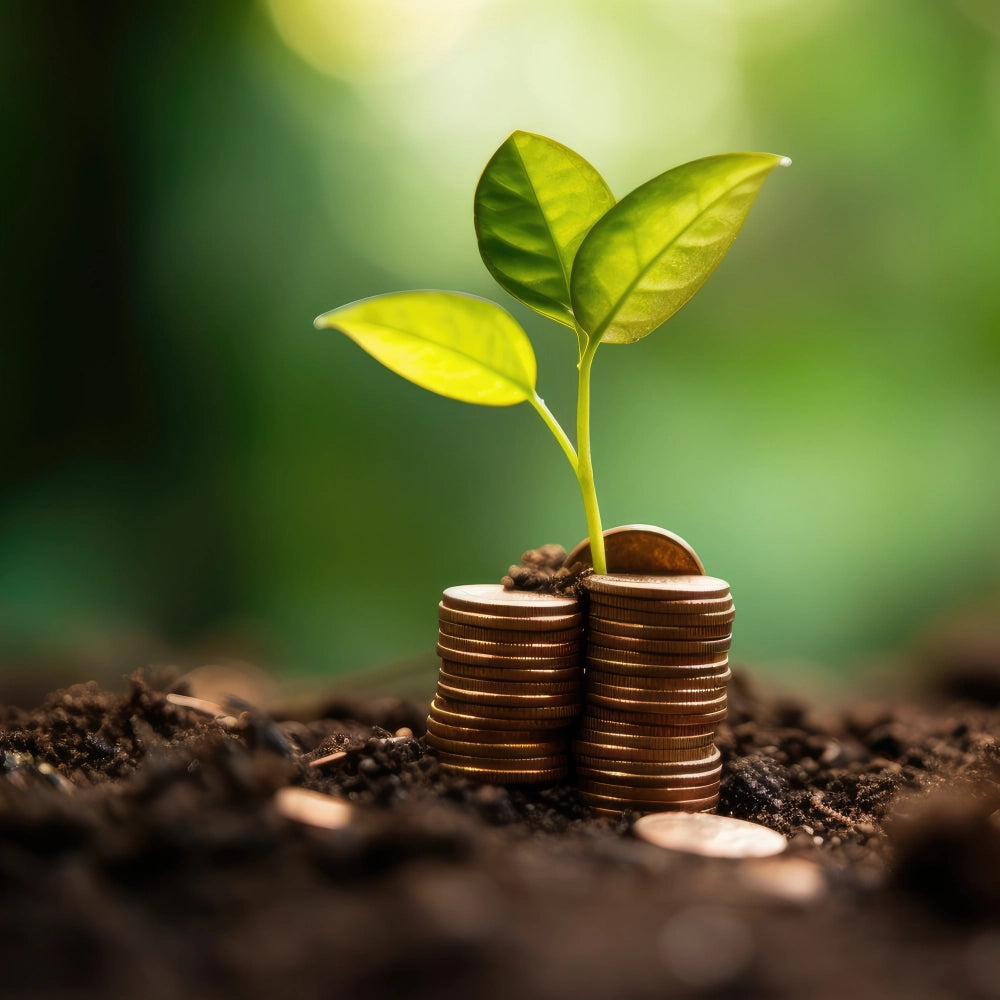 Plants growing from stacks of coins symbolizing financial growth and investment in a lush green environment.