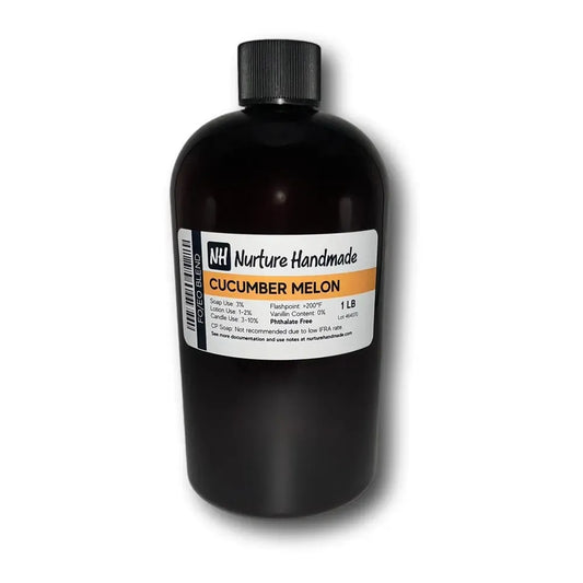 Cucumber Melon FO/EO Blend bottle from Nurture Handmade, showcasing a refreshing fragrance oil for unique creations.
