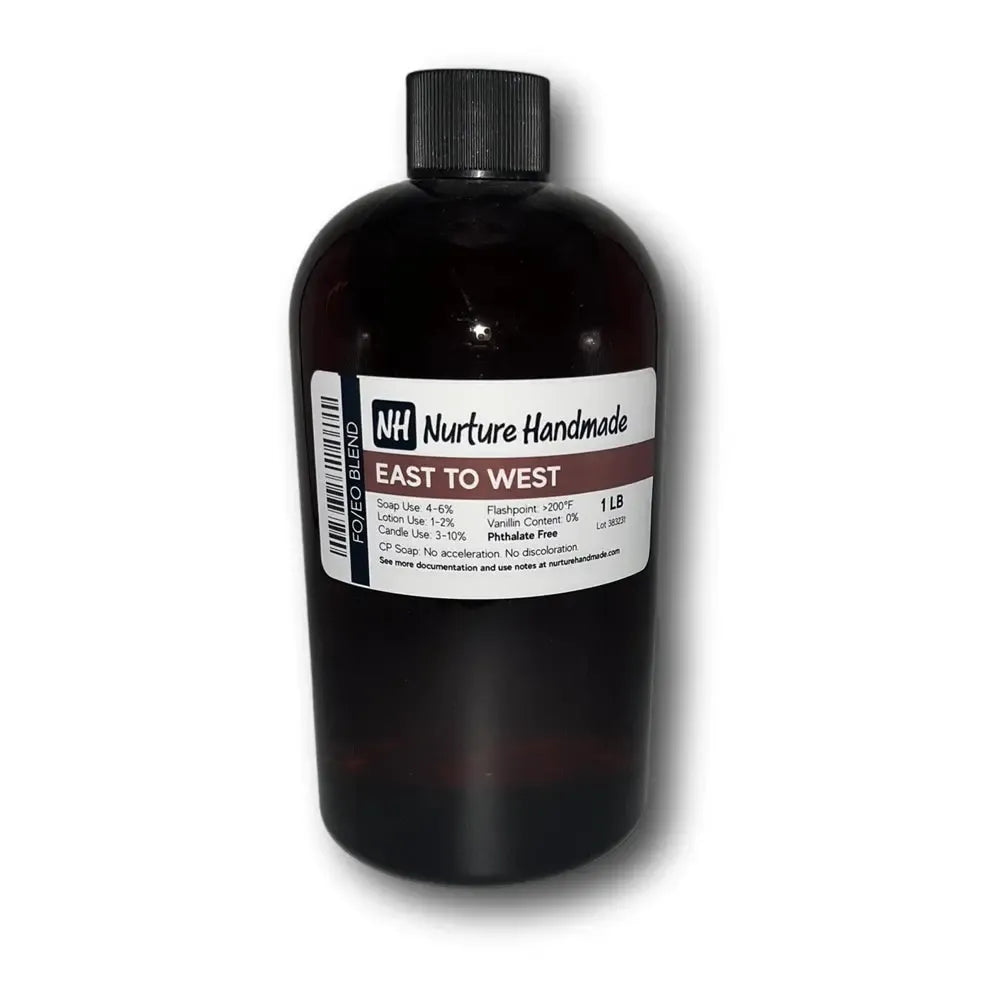 Bottle of East to West FO/EO Blend by Nurture Handmade, featuring rich Damask rose and black currant fragrance.