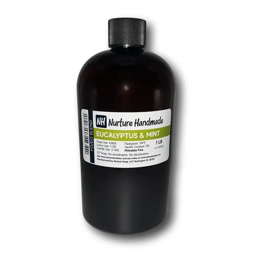 Eucalyptus + Mint fragrance oil in a sleek amber bottle by Nurture Handmade, perfect for energizing scents.