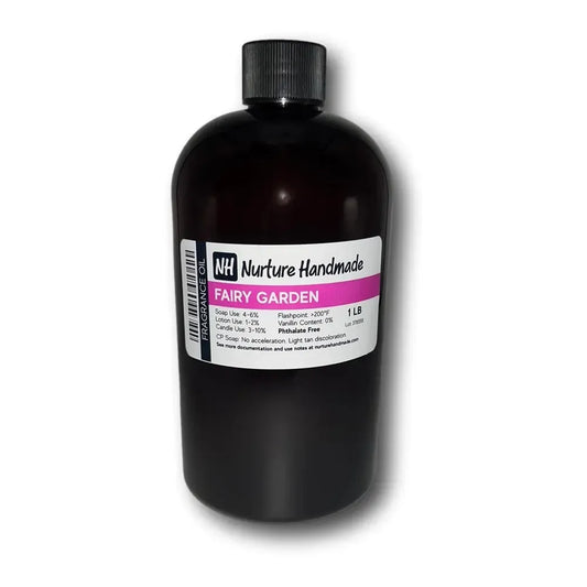 Bottle of Fairy Garden Fragrance Oil from Nurture Handmade, showcasing floral and fruity scents in a 1 lb size.