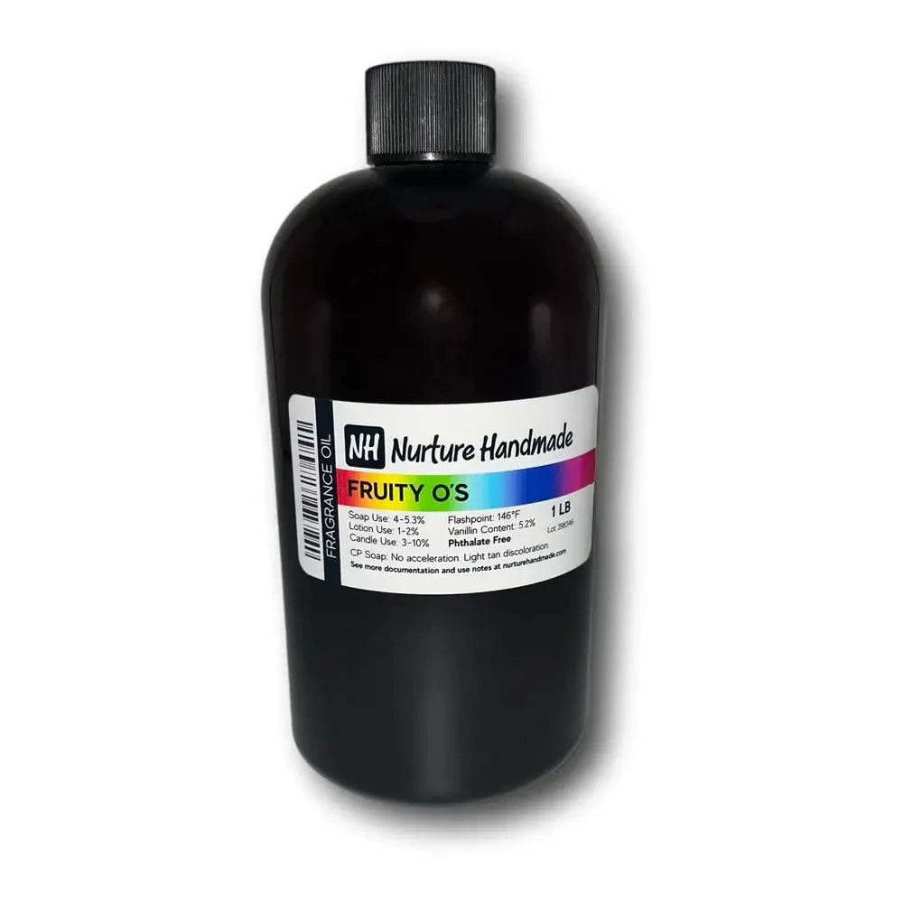 1 lb bottle of Fruity O's Fragrance Oil with colorful label, capturing nostalgic breakfast aromas.