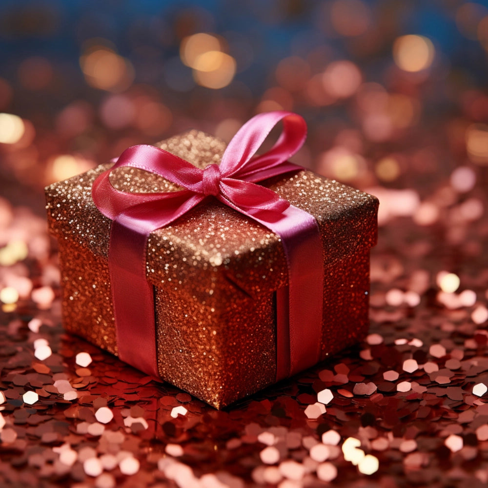 Glittery copper gift box with pink ribbon on red sequins