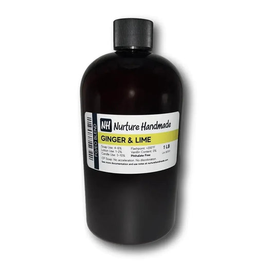 Ginger + Lime fragrance oil blend in a 1 lb bottle, invigorating aroma for soap and candle making.