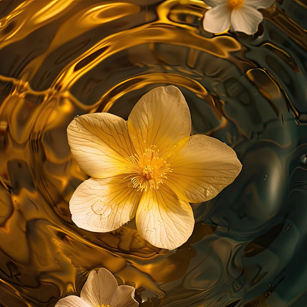 Yellow flower floating on rippling golden water with two smaller blossoms