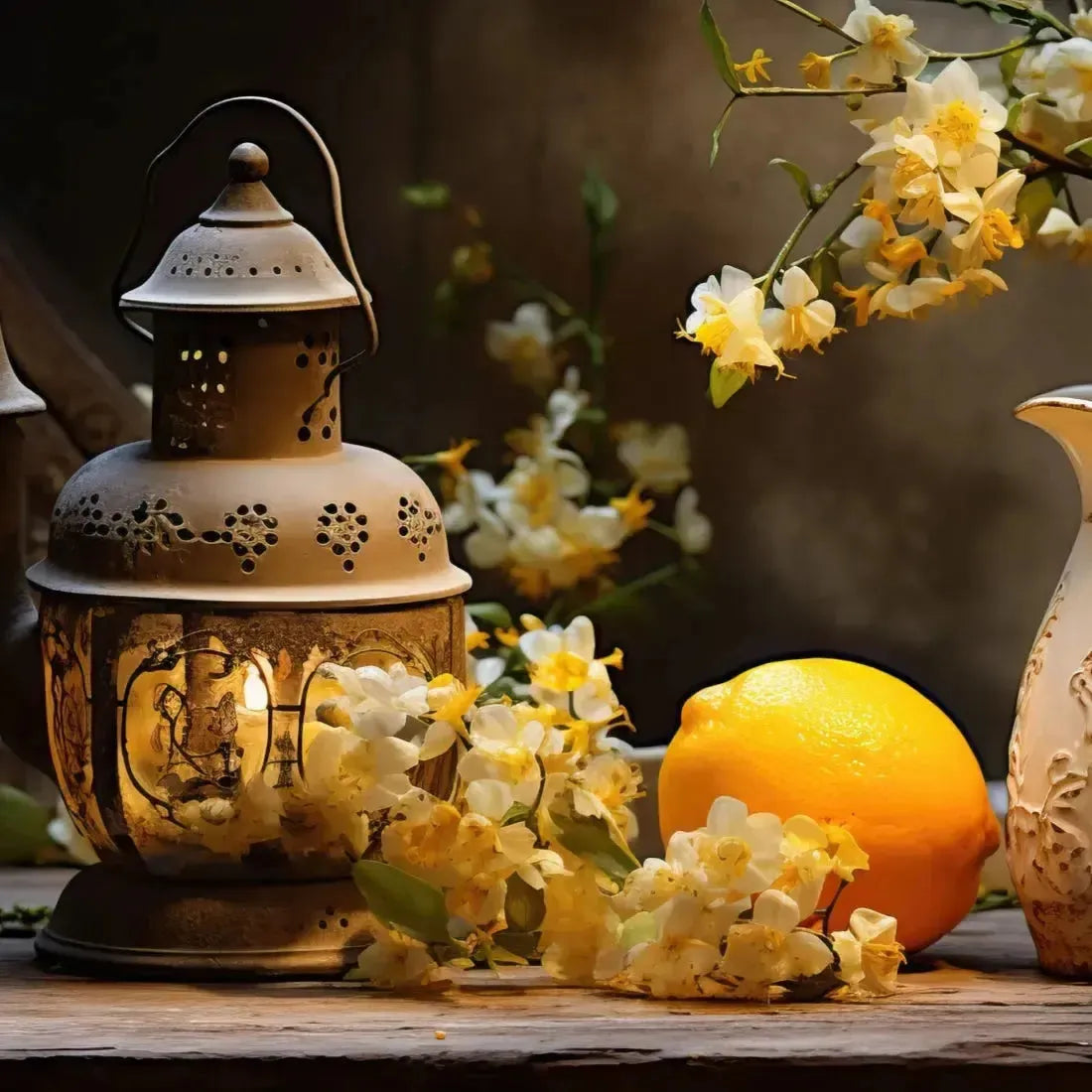 Antique brass lantern with floral cutouts and Lemon + Myrtle glow