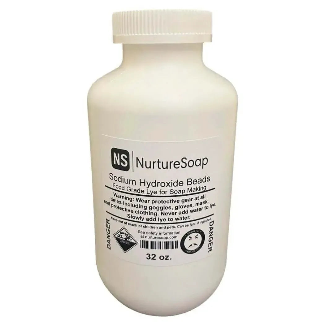 White 32 oz NurtureSoap Sodium Hydroxide Beads bottle with danger warnings