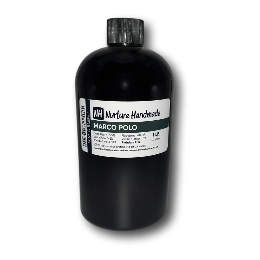 Black bottle of Marco Polo FO/EO Blend by Nurture Handmade, ideal for aromatic adventures and luxury scents.