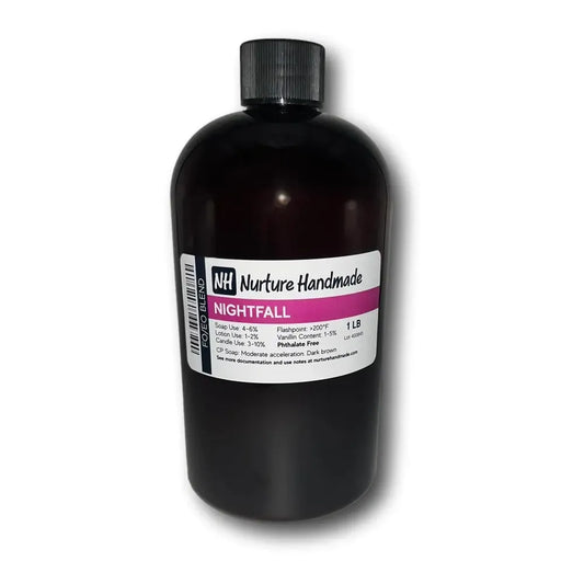 Nightfall fragrance oil bottle showcasing calming lavender and warm floral notes for serene ambiance.