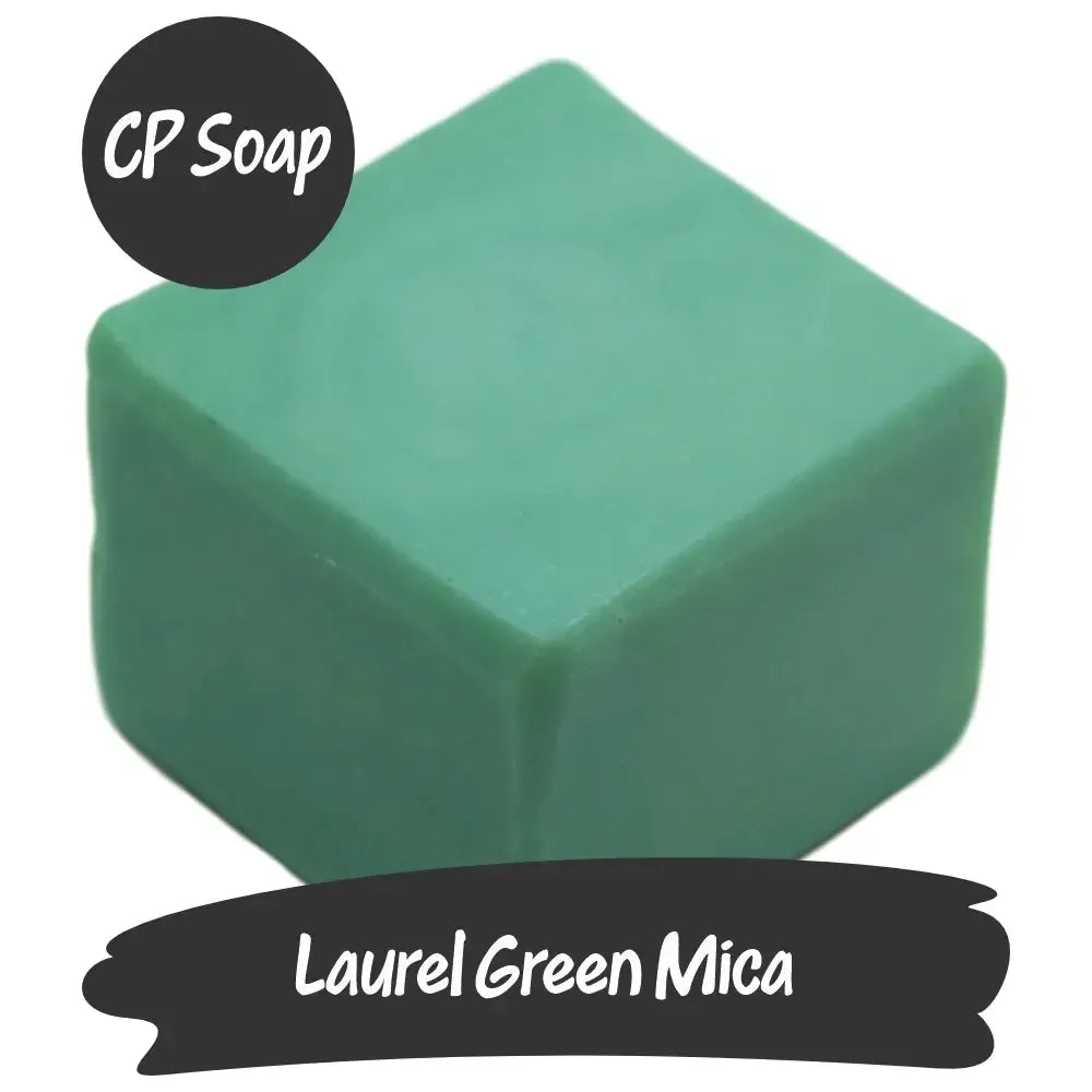 Laurel Green Mica in CP Soap form, showcasing a soft green hue with shimmering silver flecks, perfect for serene creations.
