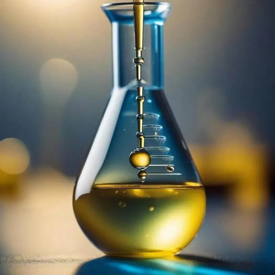 Polysorbate 80 dispersing agent in a laboratory flask, showcasing its role in liquid soaps and bath bombs.