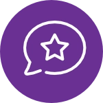 A purple chat bubble icon featuring a star inside, symbolizing communication and feedback.