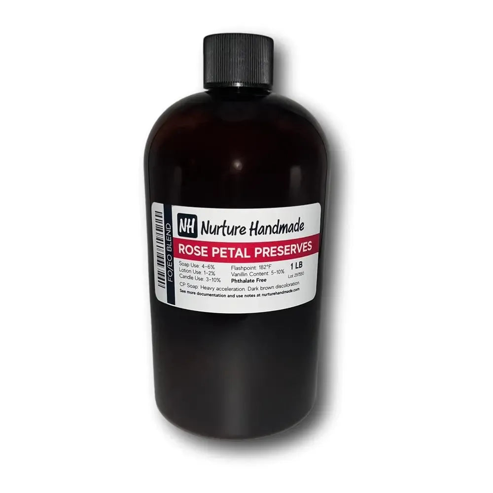 Bottle of Rose Petal Preserves fragrance oil, showcasing its luxurious blend of floral and fruity notes.