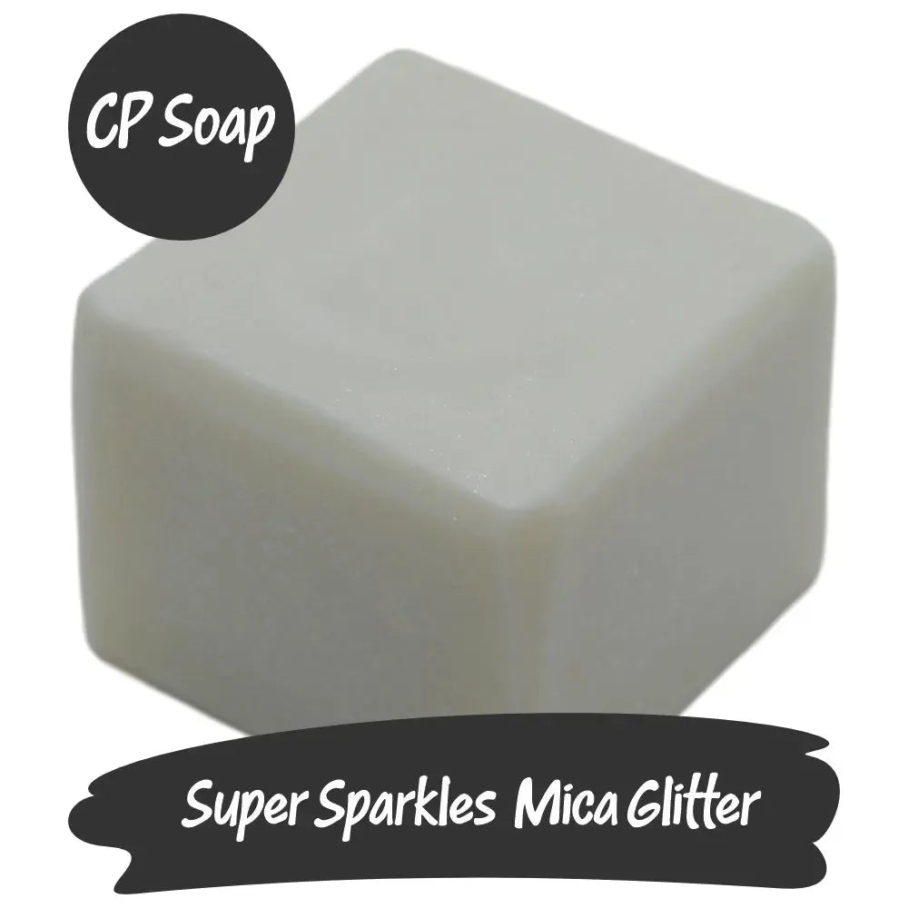 White CP soap square with Super Sparkles Mica Glitter for a dazzling, eco-friendly shimmer.