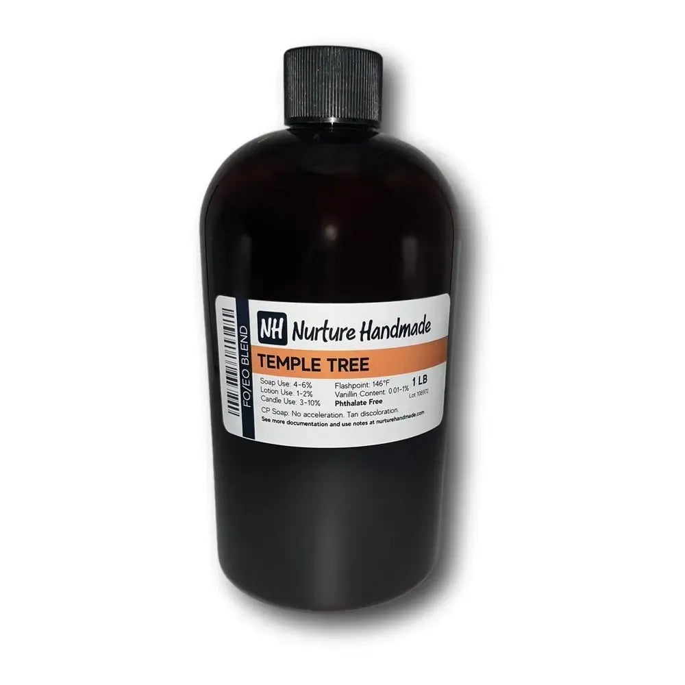 Temple Tree FO/EO Blend in a dark glass bottle, featuring floral and woody fragrance notes.