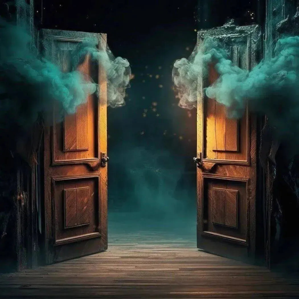Two ornate dark brown wooden doors ajar in teal mist for The Devil’s Door fragrance blend
