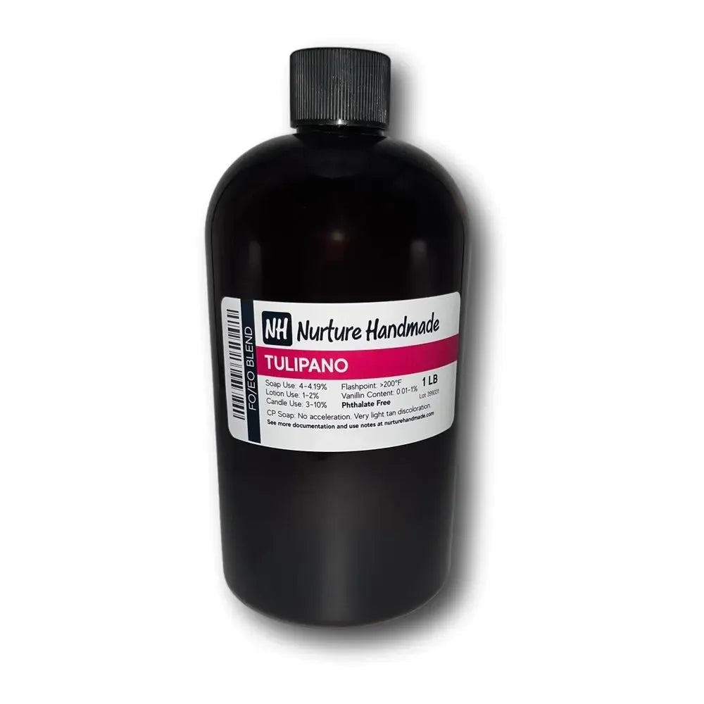 Bottle of Tulipano FO/EO Blend from Nurture Handmade, showcasing its elegant packaging and size.