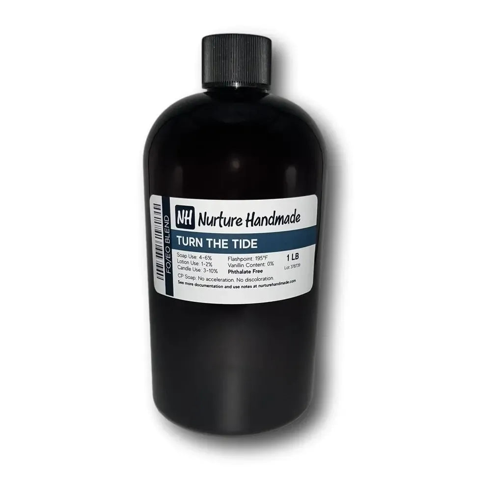 Turn the Tide FO/EO Blend bottle showcasing refreshing seaside fragrance with a twist of lemon and orange.