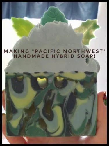 Handcrafted Pacific Northwest hybrid soap with green-blue marbled swirls and leaf accents