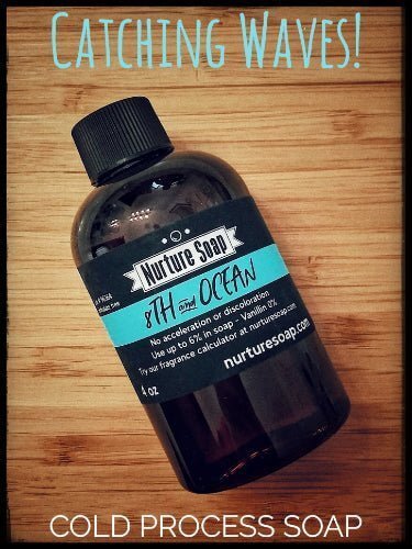 Nurture Handmade 8th and Ocean cold process soap bottle on wooden background.