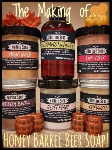 Colorful jars of Nurture Soap products, showcasing the making of Honey Barrel Beer Soap with ingredients.