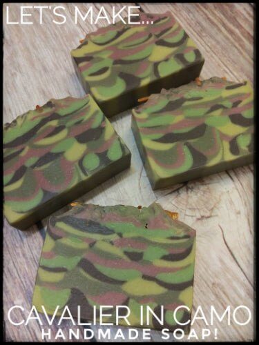 "Cavalier in Camo handmade soap bars displayed on wooden surface, promoting Nurture Handmade craft."